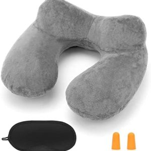 HITSZS Inflatable Travel Pillow for Airplane Inflatable Neck Pillow for Traveling with Soft Velvet Washable Cover for Sleeping, Airplane,Train, Car, Office, Contoured Eye Masks, Earplugs