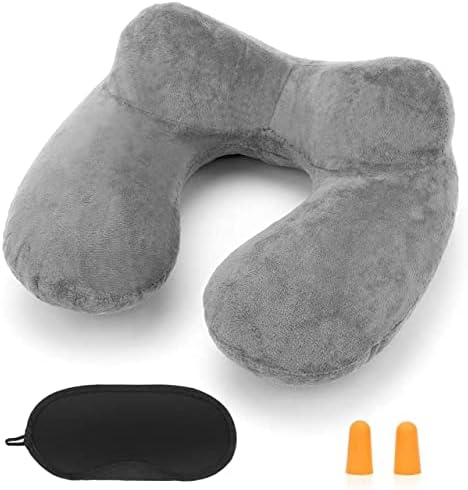 HITSZS Inflatable Travel Pillow for Airplane Inflatable Neck Pillow for Traveling with Soft Velvet Washable Cover for Sleeping, Airplane,Train, Car, Office, Contoured Eye Masks, Earplugs