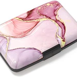 Atufsuat Credit Card Holder, Mini Aluminum Wallet RFID Blocking Slim Metal Hard Case for Women Men, Pink Marble