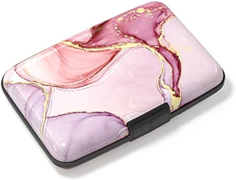 Atufsuat Credit Card Holder, Mini Aluminum Wallet RFID Blocking Slim Metal Hard Case for Women Men, Pink Marble