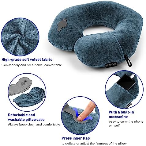 Rewondah Neck Pillows for Travel, Inflatable Travel Pillow, Inflatable Neck Pillow for Traveling Airplane with Soft Velour Washable Cover, U Shape Blow Up Neck Pillow for Airplanes Train Car Travel - Image 4