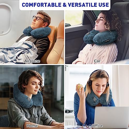 Rewondah Neck Pillows for Travel, Inflatable Travel Pillow, Inflatable Neck Pillow for Traveling Airplane with Soft Velour Washable Cover, U Shape Blow Up Neck Pillow for Airplanes Train Car Travel - Image 3