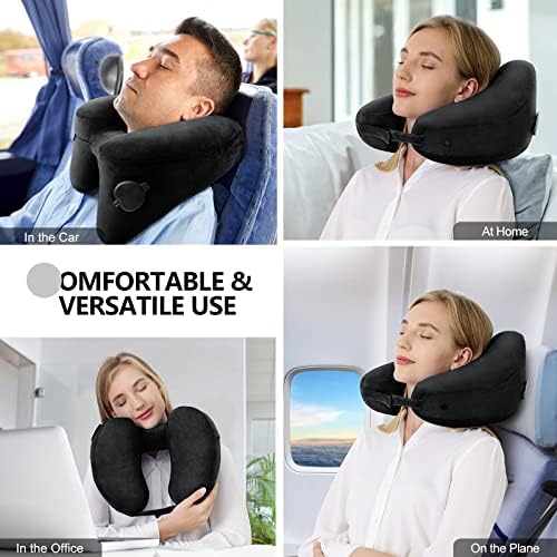 Neck Pillow for Travel Inflatable Airplane Pillow Comfortably Supports Head, Neck and Chin, Inflatable Travel Pillow with Soft Velour Cover and Portable Drawstring Bag (Black) - Image 2