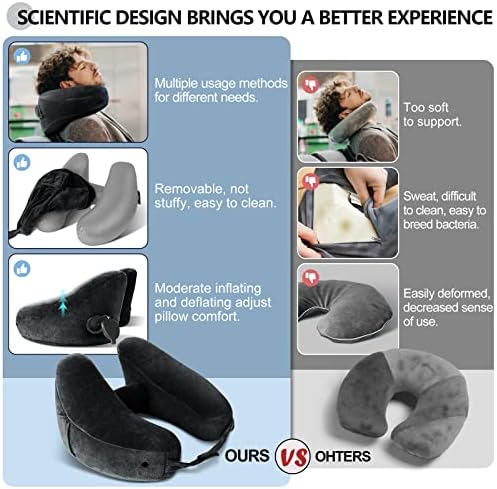 Neck Pillow for Travel Inflatable Airplane Pillow Comfortably Supports Head, Neck and Chin, Inflatable Travel Pillow with Soft Velour Cover and Portable Drawstring Bag (Black) - Image 6