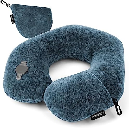 Rewondah Neck Pillows for Travel, Inflatable Travel Pillow, Inflatable Neck Pillow for Traveling Airplane with Soft Velour Washable Cover, U Shape Blow Up Neck Pillow for Airplanes Train Car Travel