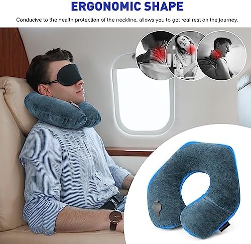 Rewondah Neck Pillows for Travel, Inflatable Travel Pillow, Inflatable Neck Pillow for Traveling Airplane with Soft Velour Washable Cover, U Shape Blow Up Neck Pillow for Airplanes Train Car Travel - Image 2