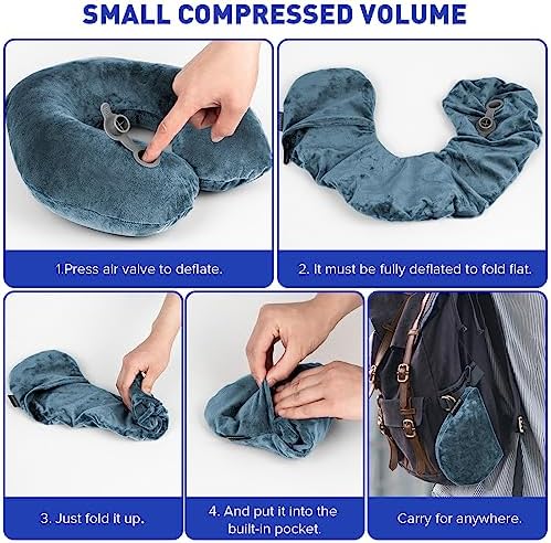 Rewondah Neck Pillows for Travel, Inflatable Travel Pillow, Inflatable Neck Pillow for Traveling Airplane with Soft Velour Washable Cover, U Shape Blow Up Neck Pillow for Airplanes Train Car Travel - Image 6