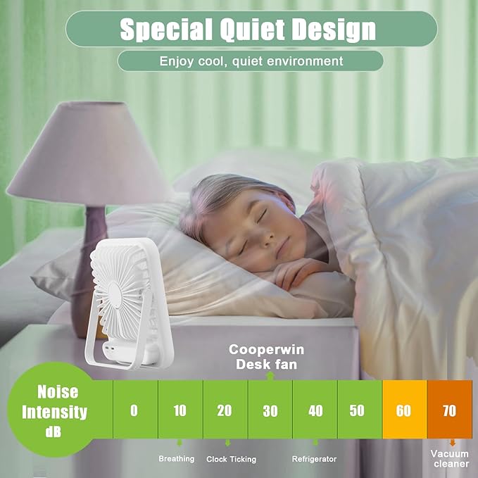 Travel Fan for Sleeping, 6.8" Small Portable Fan Rechargeable Battery Powered, 100 Speeds Personal Mini Desk Fan for Office Bedroom, Cruise Ship Beach Vocation Travel Essentials, White - Image 3