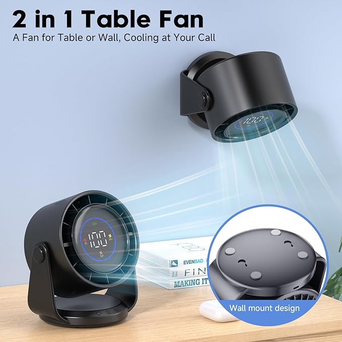 Desk Fan, Turbo Table Fan for Bedroom, 100-Speed Digital Display, Low Noise, 105° Adjustable Tilt, 7.5-inch, Rechargeable Battery, Wall-Mouted Design for Home, Office, Travel Dark Black - Image 2